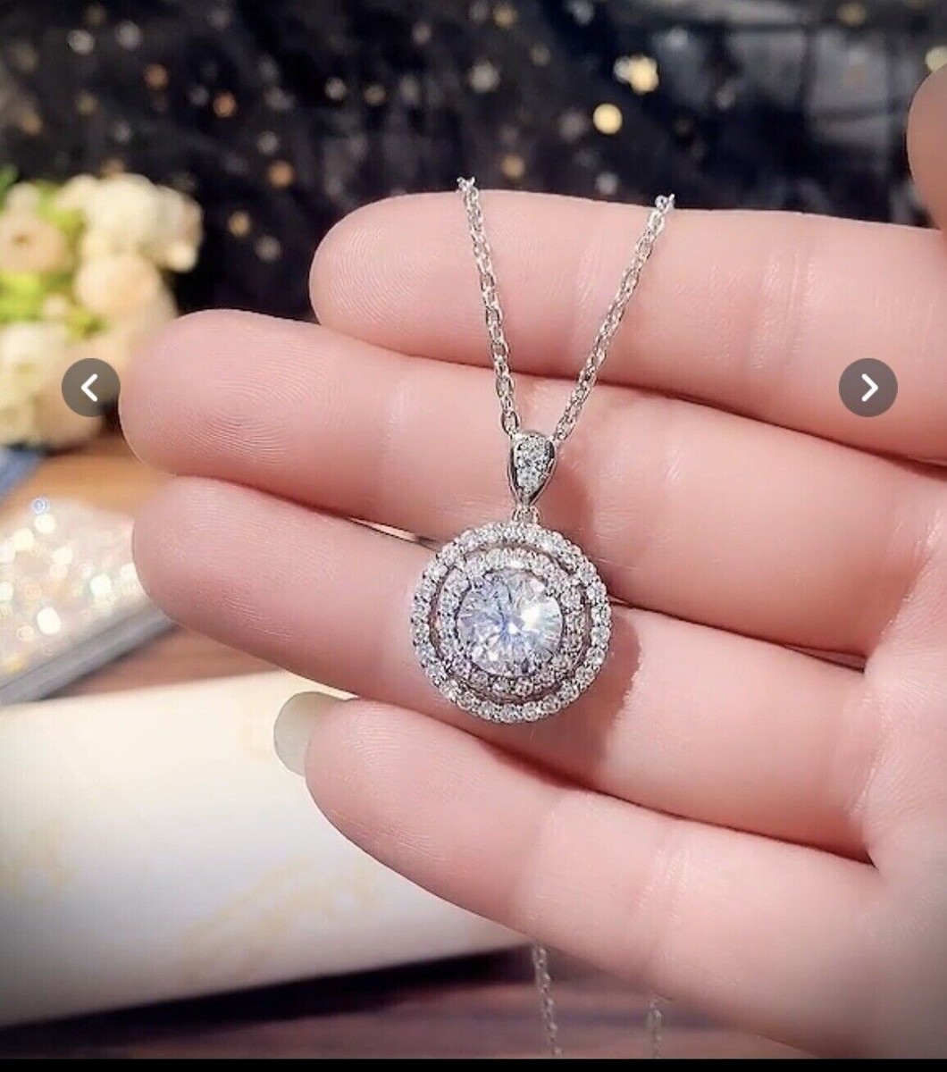 2 Ct Real Moissanite Double Halo Pendant Necklace 14K White