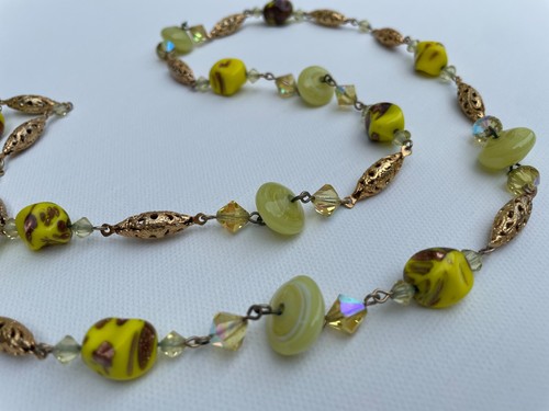 Crystal & Gold Tone Filigree Bead Yellow Murano Art Glass Bead Necklace 34" long