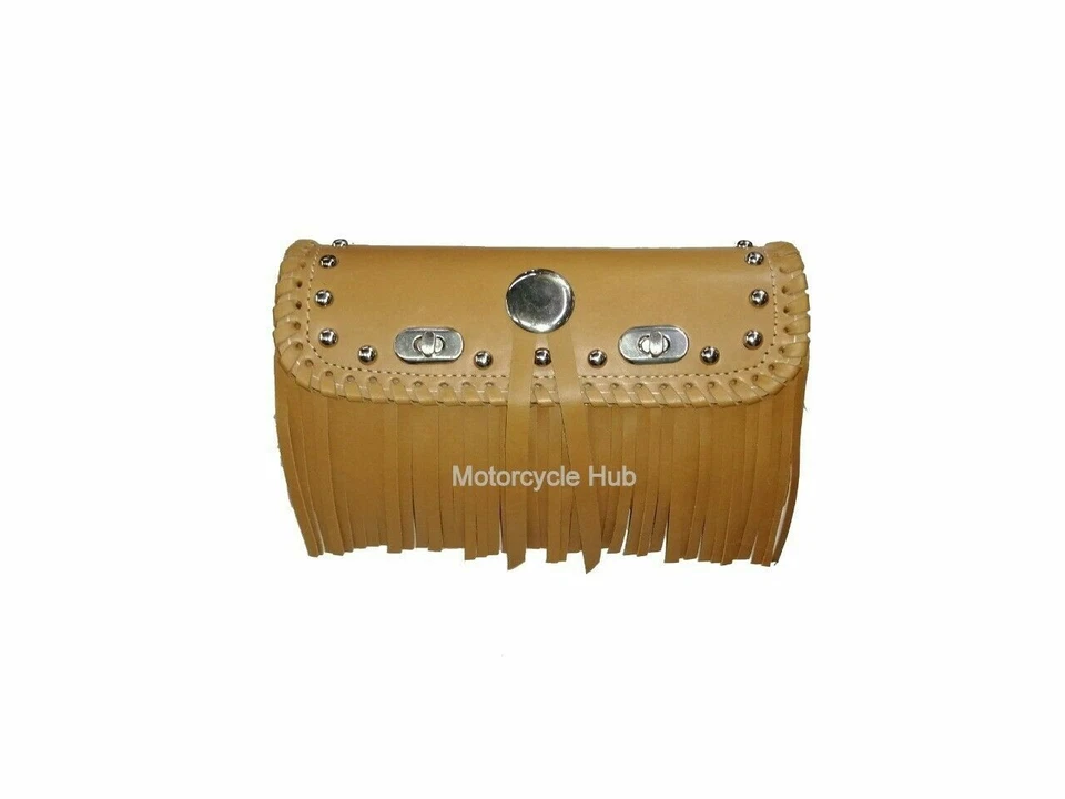 Pure Leather Tan Color Tool Bag Fit For Indian Motorcycles With Studs & Fringe. Foto 3 de 4
