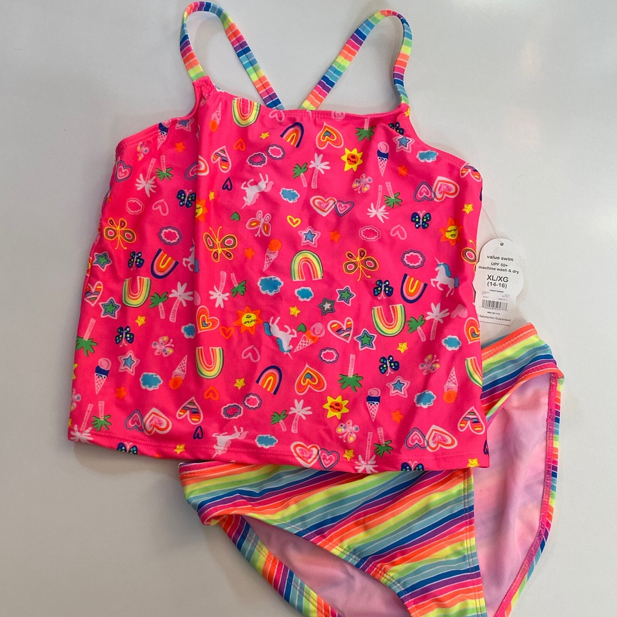 NWT Girls Sz 14-16 Tankini Swimsuit Pink Rainbow Unicorn Butterfly Wonder  Nation