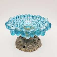 Victorian Compote Soap Dish Blue Hobnail Metal Pedestal Ornate Gem Acc VTG
