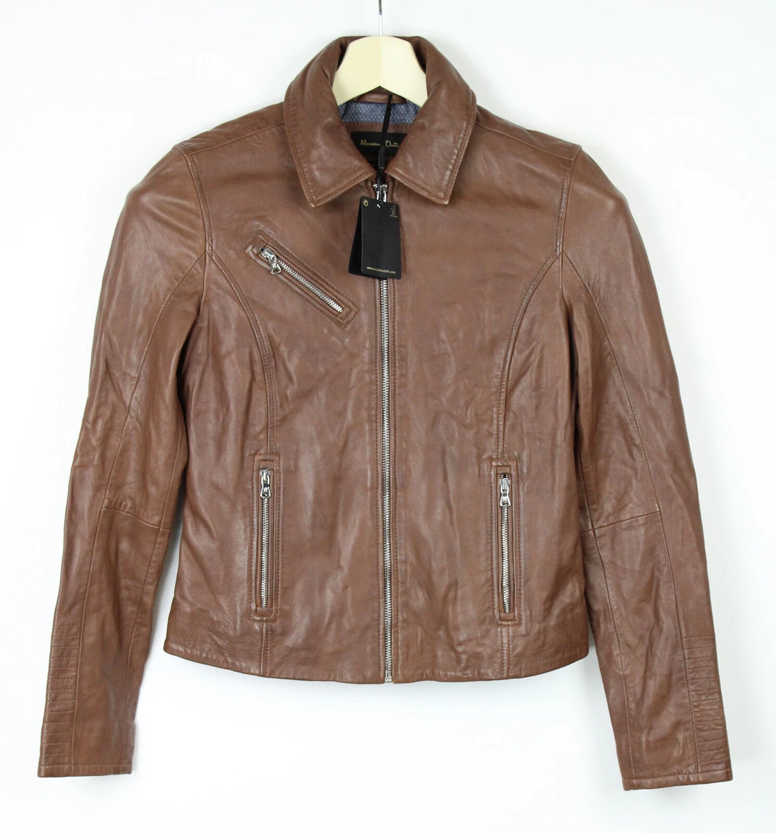 MASSIMO DUTTI Jacket Women XS Leather Short Lined Full Zip Polo