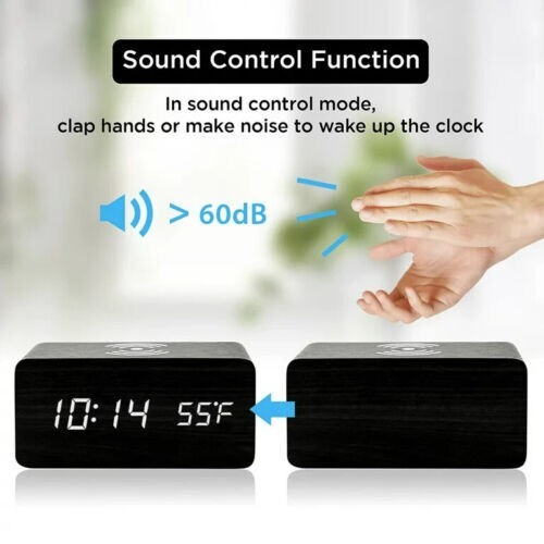LED Desk Alarm Clock with Wooden Finish, Thermometer, and Qi Wireless Charge