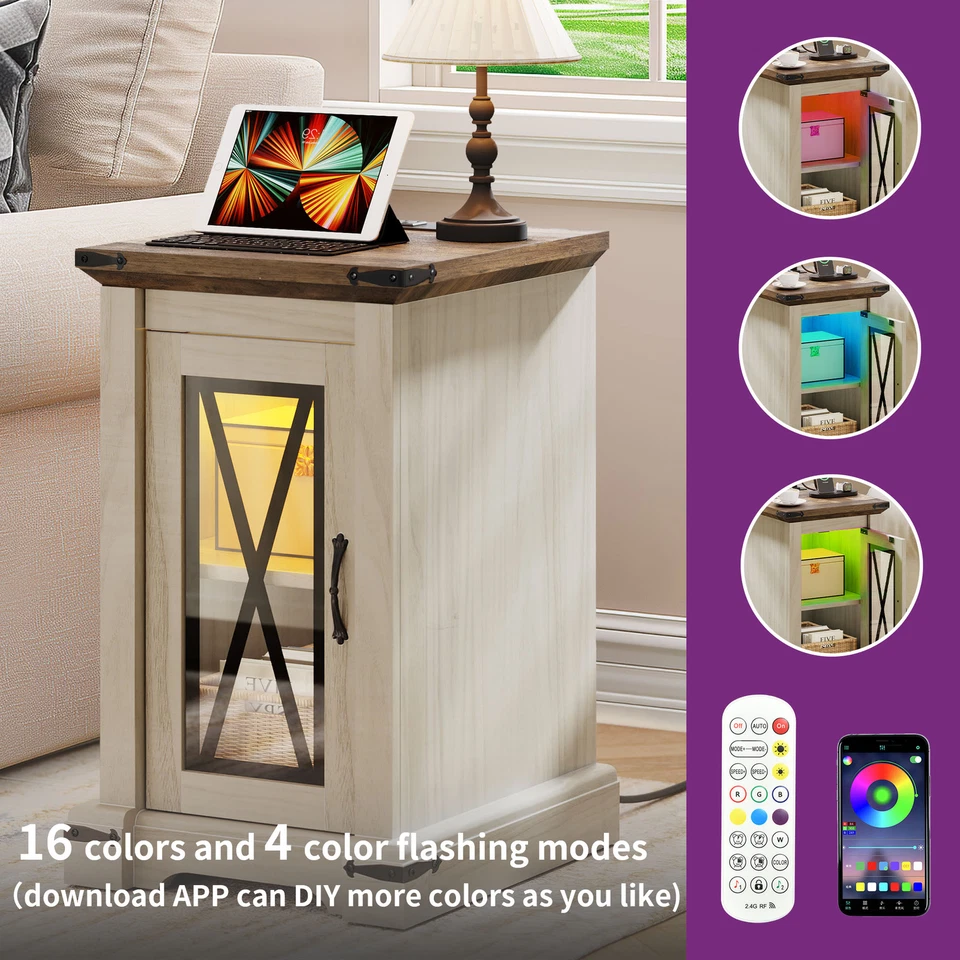 Farmhouse Sofa Side Bedside End Table Nightstand with LED Light Charging Station - Image 4 of 4