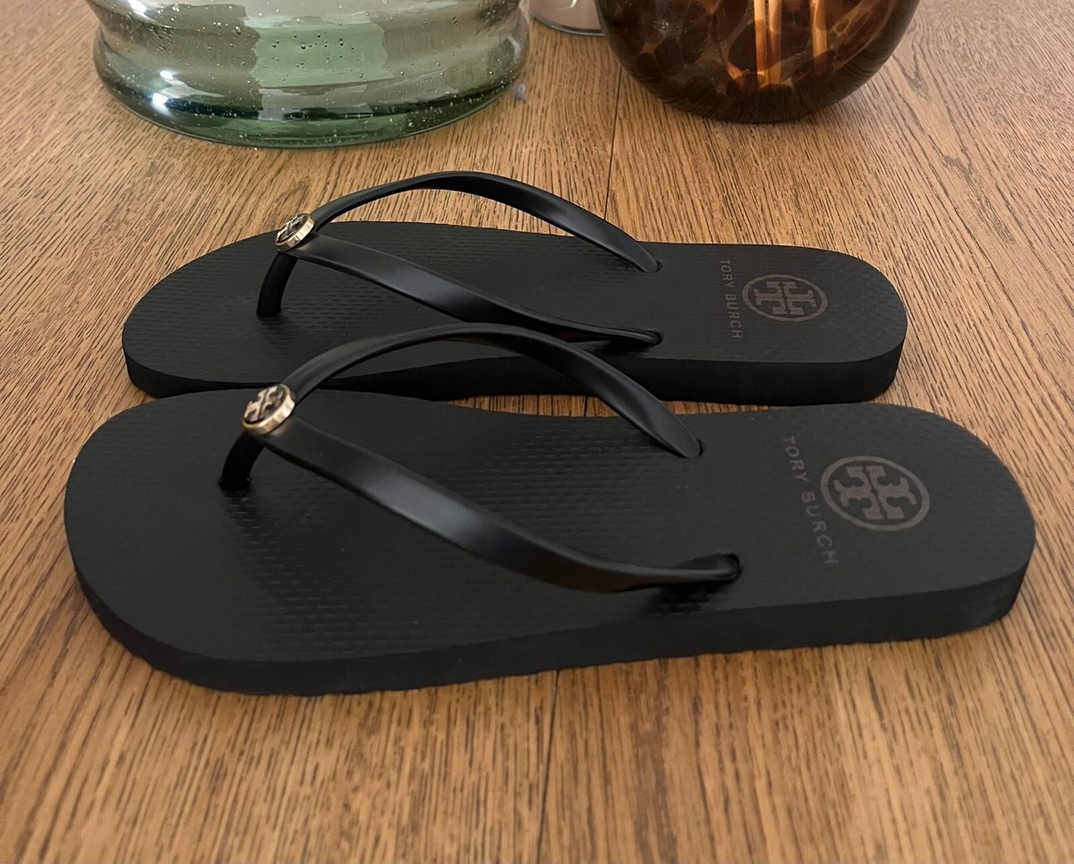 TORY BURCH Flip Flops 6 Black Flats Thin Strap Sandals | eBay