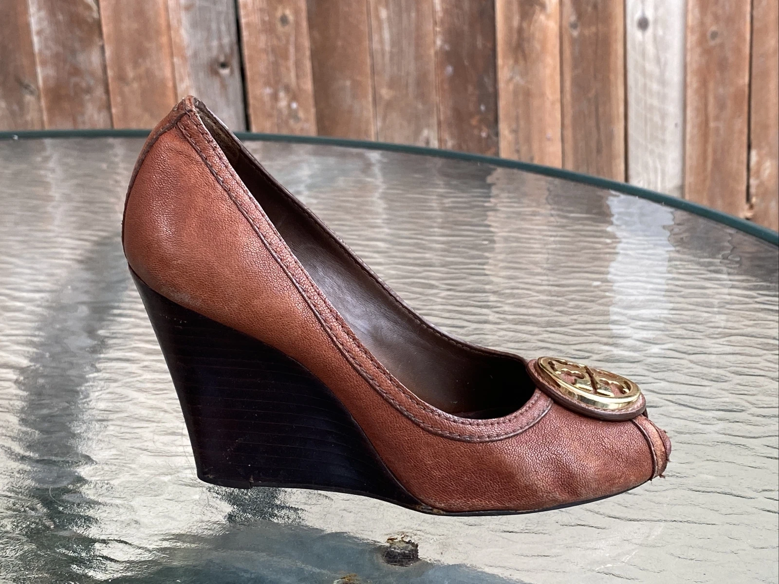 Scarpe tacco a zeppa Tory Burch Selma punta aperta 5 M marroni in pelle