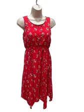 SO Womens Large Red Floral Dress Sleeveless Asymmetrical Hem Long Gathered Top