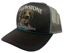 Yellowstone National Park Men's Brown Bear Print Trucker Hat Cap in Brown/Tan
