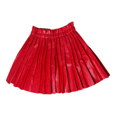 Welaken Faux Leather Girl's Red Skirt Pleated Raw Edge Hem Elastic Waist Holiday