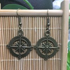 1.5  Bronze-tone Earring Nautical Compass Dangle Drop Hook New Free Ship 9638