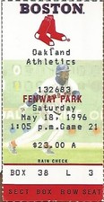 Jason Giambi 100th Hit, HR #13 5/18/96 A's @ Red Sox Ticket Stub Canseco HR#306
