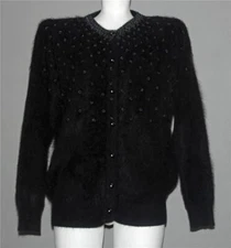 VTG TB Iridescent Beads Fuzzy Angora Blend Black Button Cardigan Sweater Wm L/XL