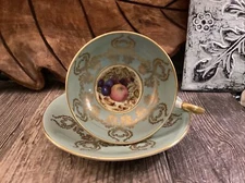 Aynsley Orchard Fruits Turquoise Blue Cup Saucer Set Teal Doris Jones Vintage