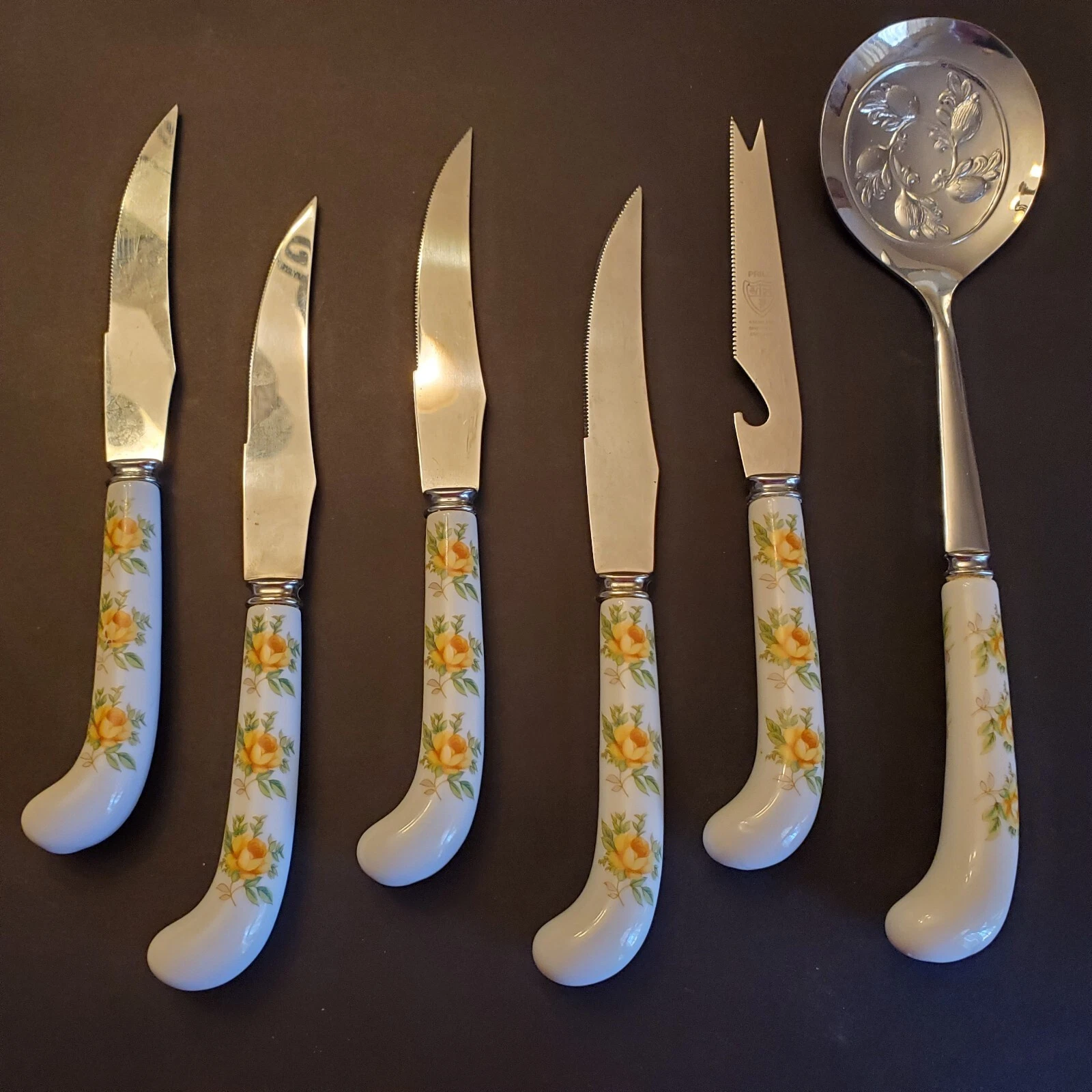 Vtg Sheffield England Serving Spoon & Knife Set Yellow Rose Porcelain Handle