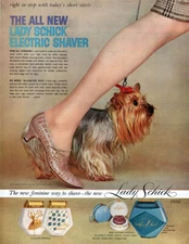 Lady Schick Electric Shaver Yorkshire Terrier Alligator Shoes 1958 Magazine Ad