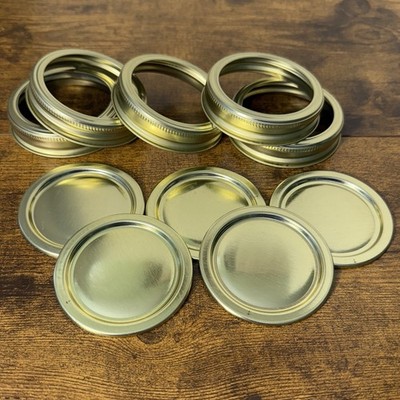 VTG Golden Harvest 3  Mouth Canning 5 Lids & 5 Bands Gold Tone Cottage Kitchen