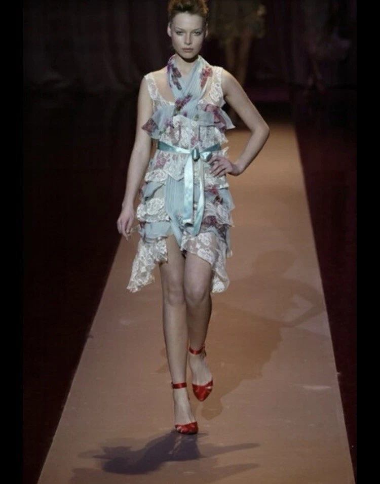 Emanuel Ungaro FW2004 Runway Silk Lace Floral Ruffle Dress IT38 US2