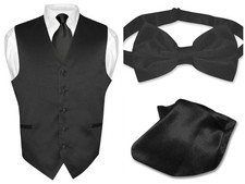 Men's BLACK Dress Vest NeckTie Bow Tie and Hanky Set for Suit or Tuxedo