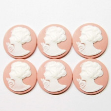 6 Vintage White over Pink 30mm Victorian Left Face Woman Resin Cameo Cabochons