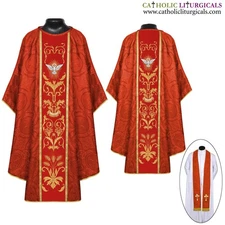 NEW Red Gothic Vestment and Stole set with Holy Spirit Embroidery, Casula, Casel