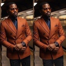 Men Suits Wedding Groom Tuxedos Double Breasted Slim Fit Orange Blazer Pant