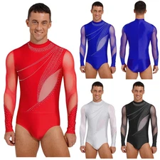 Mens Jumpsuit Mesh Leotard Shiny Bodysuit Gymnastics Figure Skating Nightclub