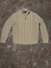 Tasso Elba Men's Beige Cable Knit Sweater Size Large, 100 Cotton, 1/4 Zip