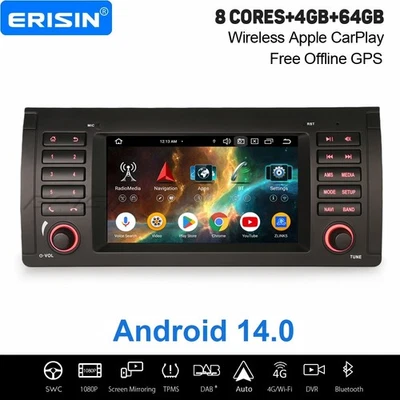 ERISIN Radio de coche 4 GB+64 GB 8 núcleos Android 14 BMW X5 E53 Navi DAB+ Carplay DSP Wifi OBD2