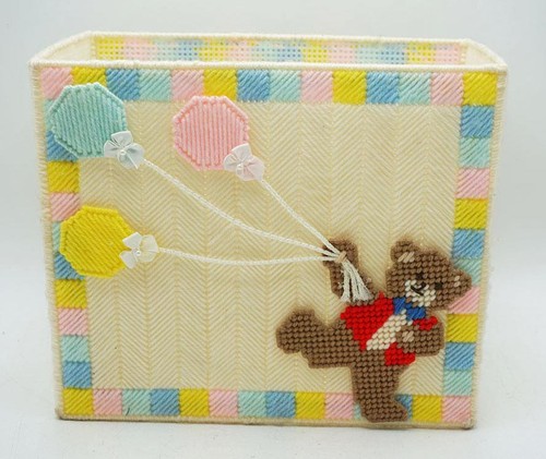 Vintage Teddy Bear Diaper Stacker Plastic Canvas Needlepoint Nursery Decor