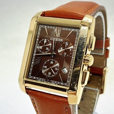 Citizen Eco-Drive Chronograph H501 Brown Dial Square Leather Men Watch Genuine