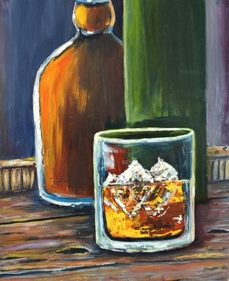Original Art Oil Painting on Panel 25x30cm Whiskey Glass & Bottle -Bar Decor