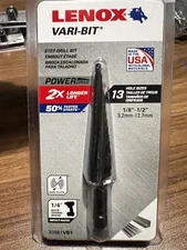 Lenox 30881 VB1 Vari-Bit 13 holes sizes 1/8" to 1/2" Step Drill Bit w/1/4" Shank