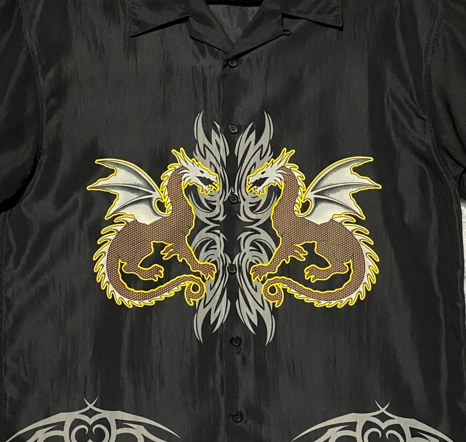 Винтажная мужская футболка City Impact XL Dragon Tribal Tattoo черная готическая Y2K на пуговицах 90-е - Изображение 2 из 4