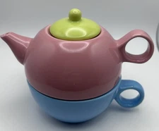 Old Amsterdam Tea for One Built In Tea Cup and Teapot Pink Blue Green Tri-Color 