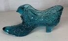 Vintage Fenton- Aqua/Teal Slipper Shoe-Daisy&Button/Cat Head Design 6”x3”