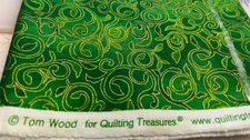 1 yard Quilting FABRIC Bright GREEN with gold highlights and winding plant vines