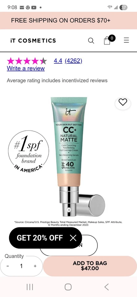 IT Cosmetics CC+ Oil Free Matte Poreless Finish Cream SPF 40 **FAIR** 1.08 fl oz - Image 2 of 4
