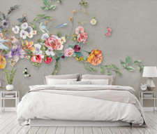 Image of 3D Watercolor Floral Bird Wallpaper Wall Mural Removable Self-adhesive 11