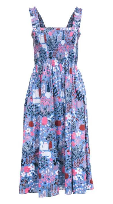 Abito midi Kate Spade Garden Posy smocked stampa gatto cactus taglia XS blu
