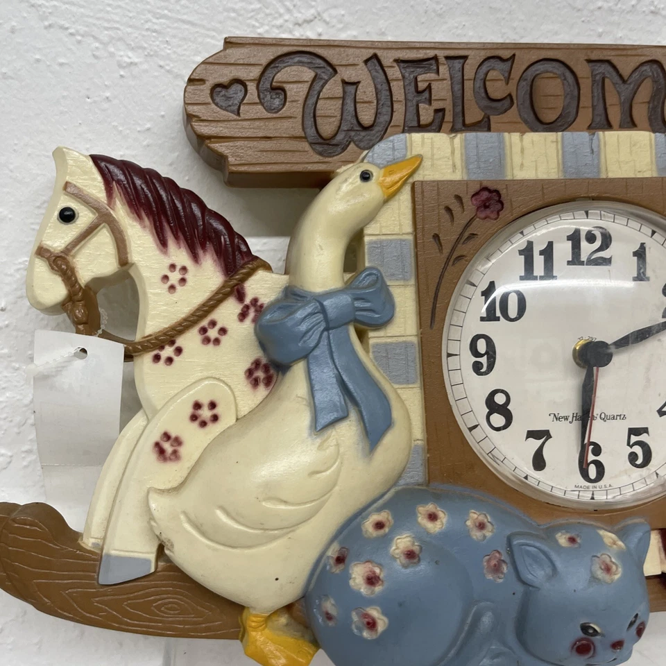 Vintage Burwood Homco New Haven “Welcome” Wall Clock Geese Cat Horse Design USA - Image 2 of 4