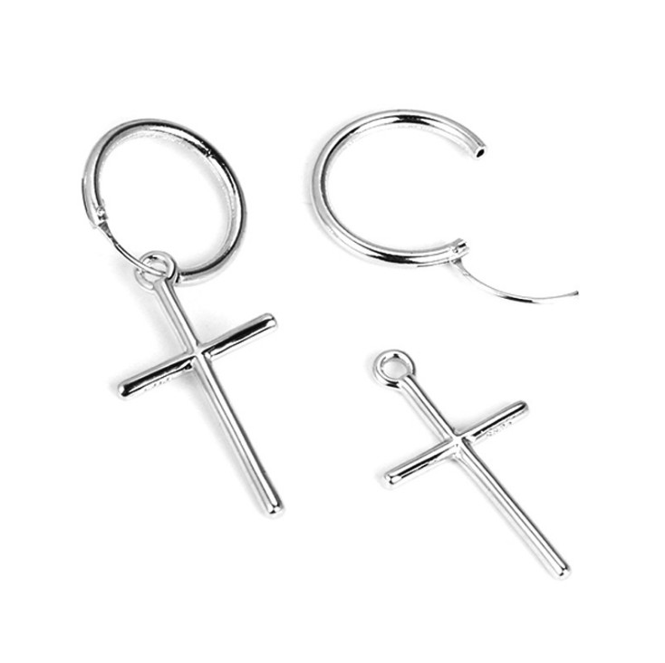 Unisex Men Women 925 Sterling Silver Cross Pierced Hoop Dangle Drop Earrings B37