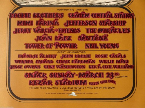 Póster benéfico SF SNACK, estadio Kezar, 1975 Grateful Dead Neil Young Bob Dylan - Imagen 2 de 2