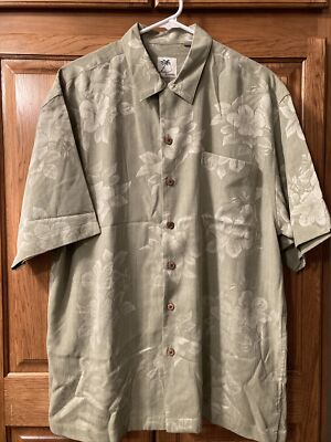 Brigata L Mens Green Floral Hawaiian Print 100% Silk Button Down Shirt