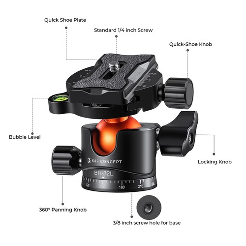 K&F Concept Metal Tripod Ball Head with Handle 360 Degree Rotating Panoramic us - Picture 39 of 72