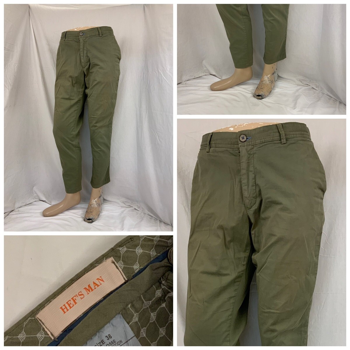 Hef's Man Pants 38x29 Green Cotton Stretch Flat Front Turkey