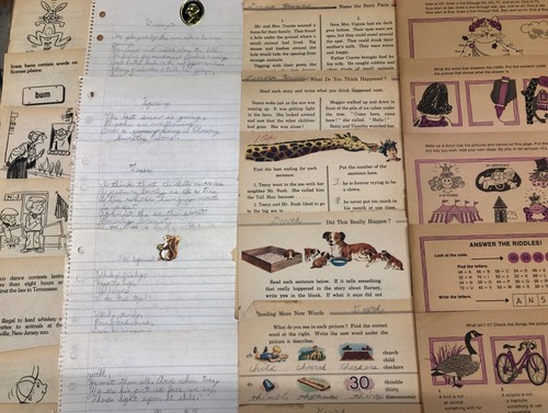 40pc VTG Book Pg/Paper Lot/Illustrations *Grade School *Writing *Cartoon~Journal - Picture 4 of 10