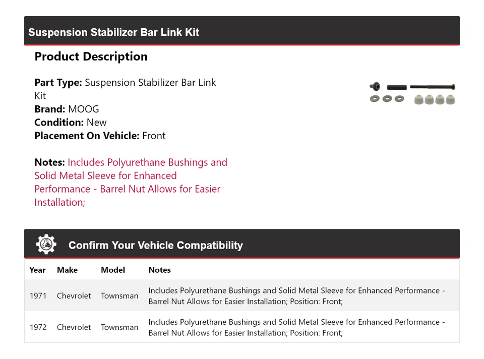 Kit de eslabones de barra estabilizadora de suspensión delantera MOOG para Chevrolet Townsman 1971-1972 Foto 2 de 4