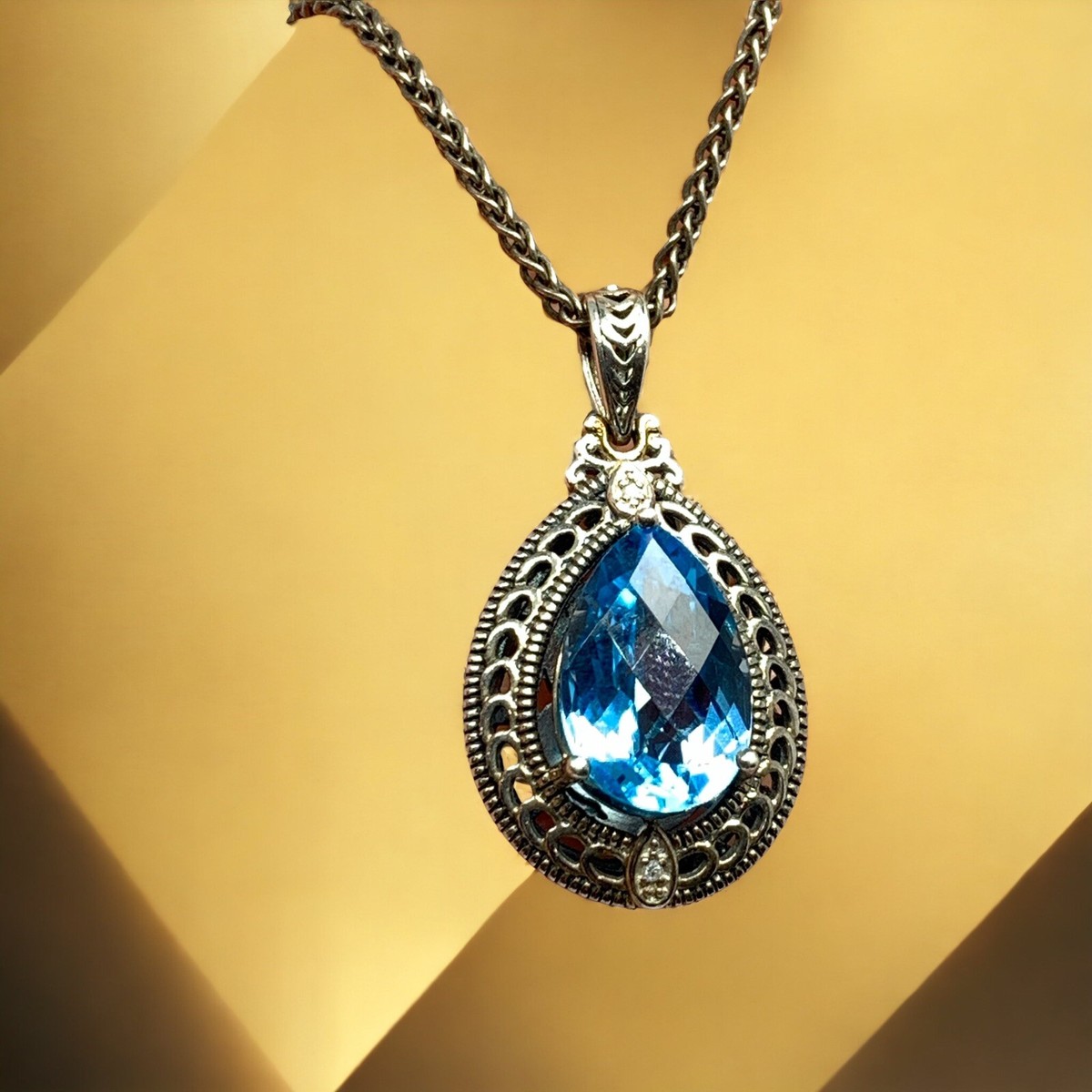 QGI 14K Gold Sterling Silver teardropblue topaz diamond Chain Necklace 17” QGI 14K Gold Sterling Silver teardropblue topaz diamond Chain Necklace 17”