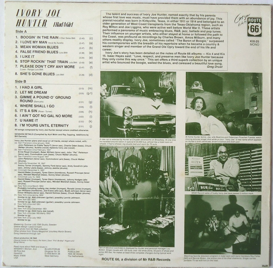 Ivory Joe Hunter ‎– I Had A Girl LP 1984 Route 66 Sweden ‎– KIX-25 - Image 2 of 3