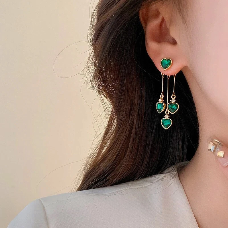 Inspired By Designer Emerald Green CZ Heart Gold Filled Drop Ear Jacket Earring - Image 2 of 4